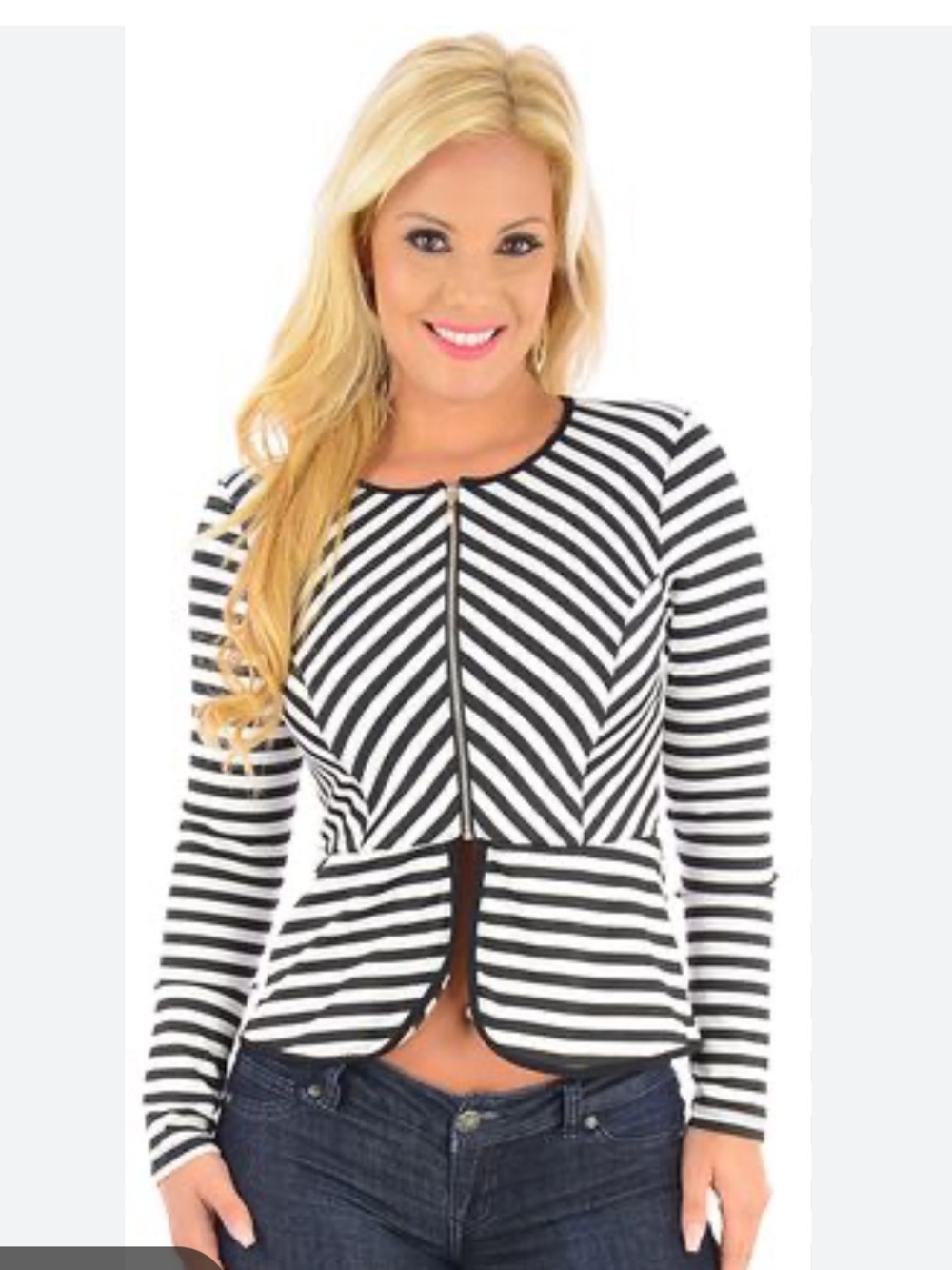 Active USA Black & White Striped Peplum Zip-Front Top